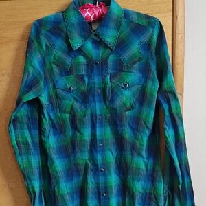 Roper Women's Blue and Green Plaid Button Down Shirt